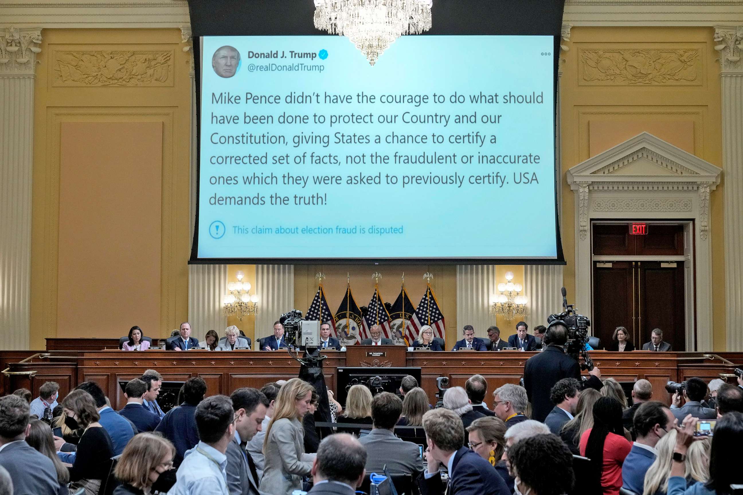 PHOTO: A tweet from former President Donald Trump appears on a screen at the hearing where the House Select Committee investigates the Jan. 6 Attack on the US Capitol, in Washington, D.C., June 16, 2022. 