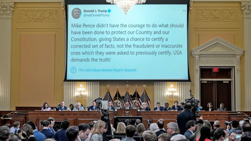 PHOTO: A tweet from former President Donald Trump appears on a screen at the hearing where the House Select Committee investigates the Jan. 6 Attack on the US Capitol, in Washington, D.C., June 16, 2022. 