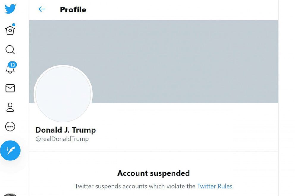 PHOTO: In this screen grab from Twitter, the suspended Twitter account of President Donald Trump is seen on Jan. 8, 2021.