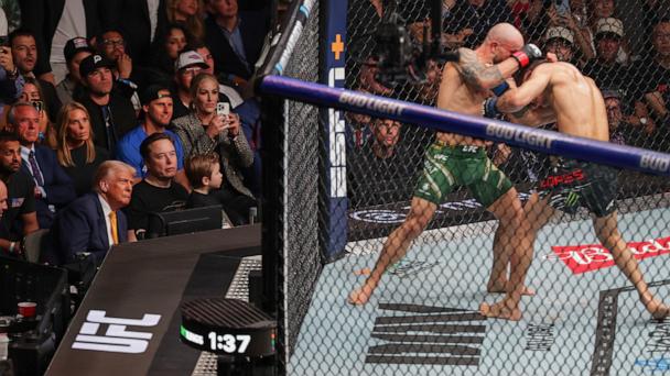 In this April 12, 2025, file photo, President Donald Trump watches Australian fighter Alexander Volkanovski and Brazilian fighter Diego Lopes during an Ultimate Fighting Championship fight at the Kaseya Center in Miami.