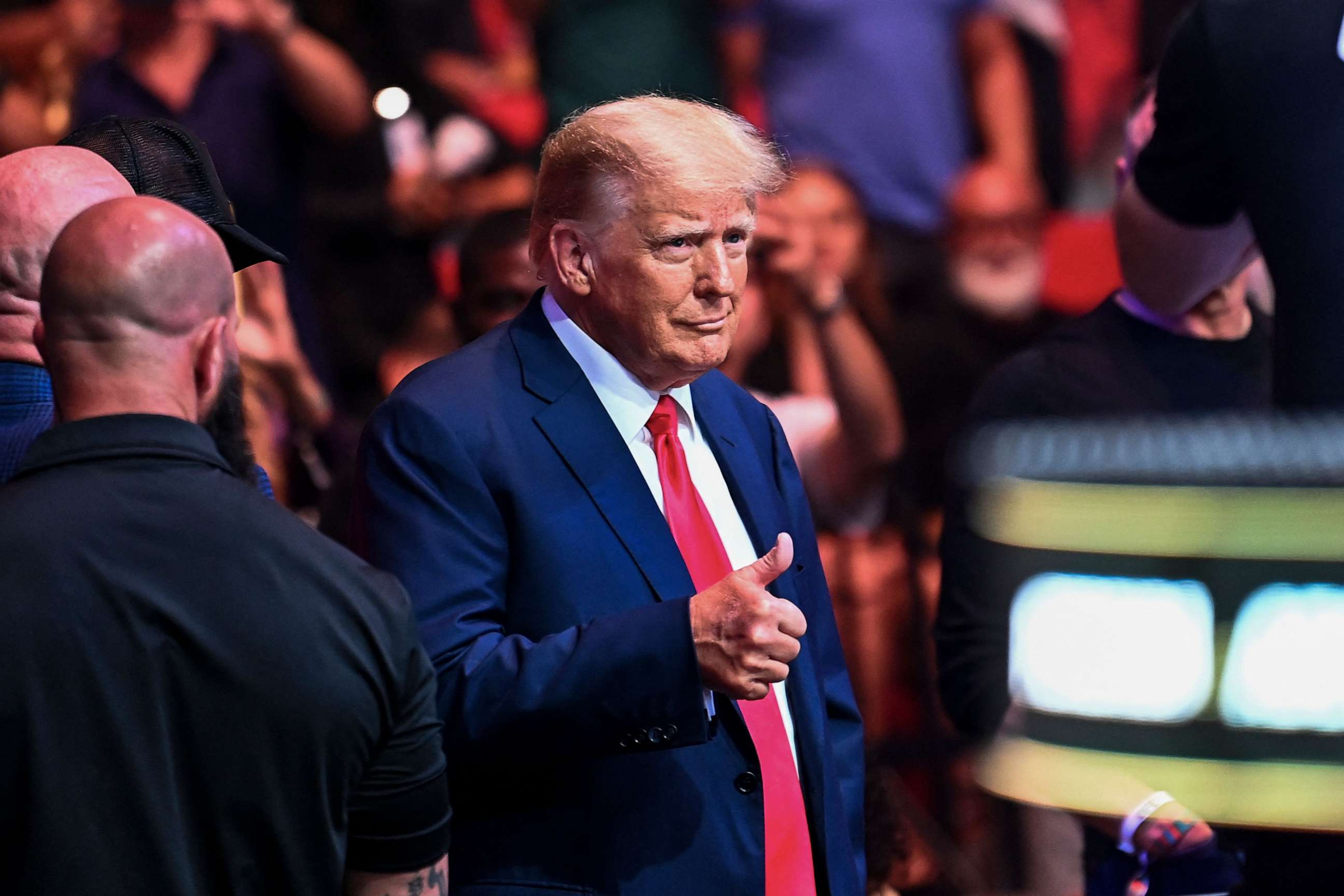PHOTO: Former President Donald Trump attends the Ultimate Fighting Championship (UFC) 287 mixed martial arts event at the Kaseya Center in Miami, Florida, on April 8, 2023.