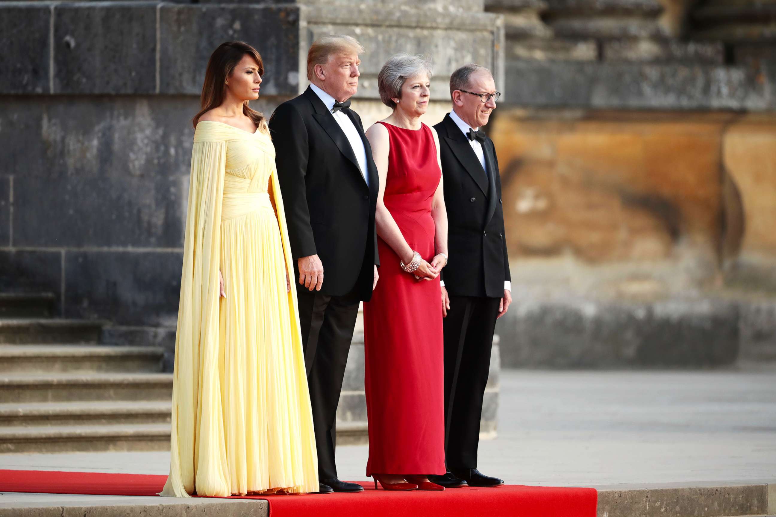 PHOTO: Britain's Prime Minister Theresa May and her husband Philip May greet President Donald Trump and First Lady Melania Trump at Blenheim Palace on July 12, 2018 in Woodstock, England.