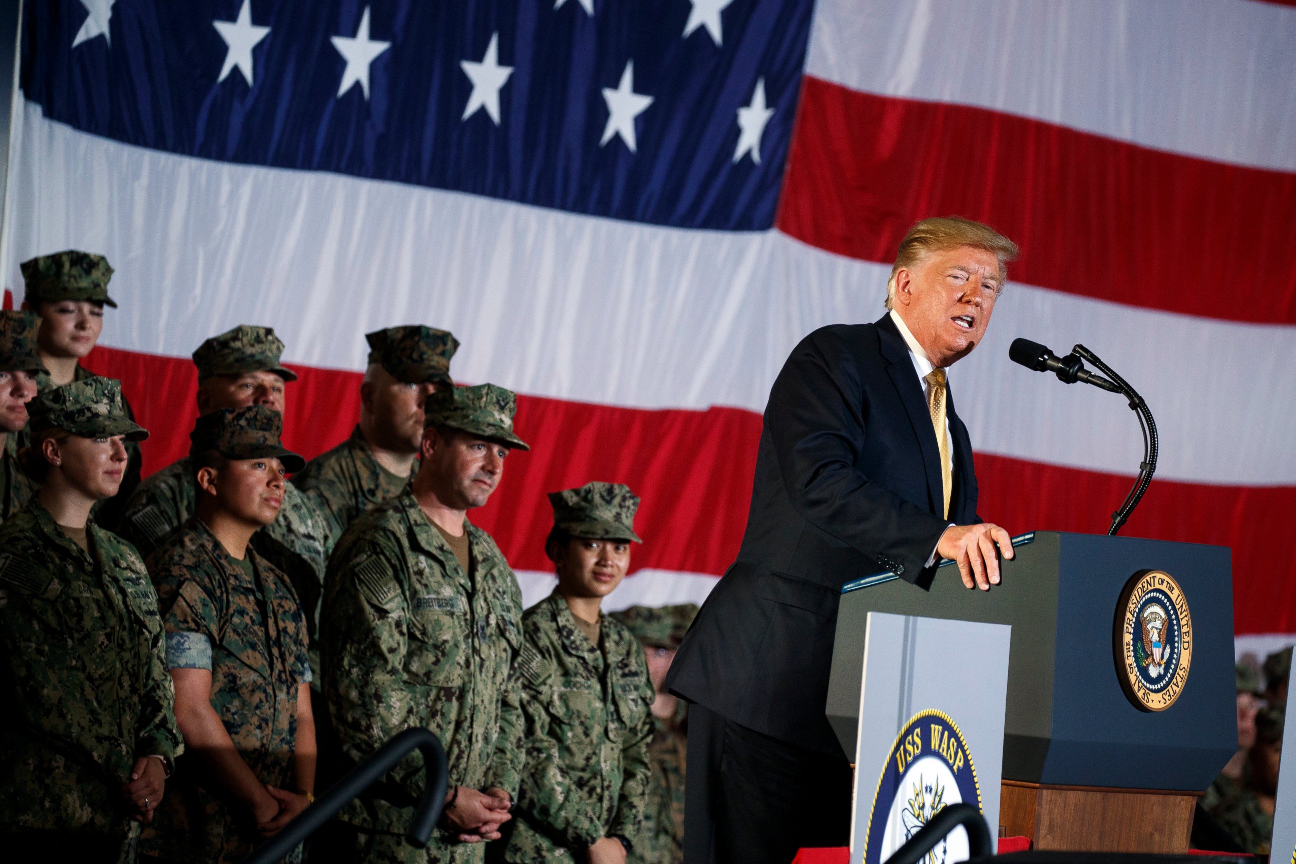 PHOTO: President Donald Trump speaks to troops at a Memorial Day event aboard the USS Wasp, Tuesday, May 28, 2019, in Yokosuka, Japan.