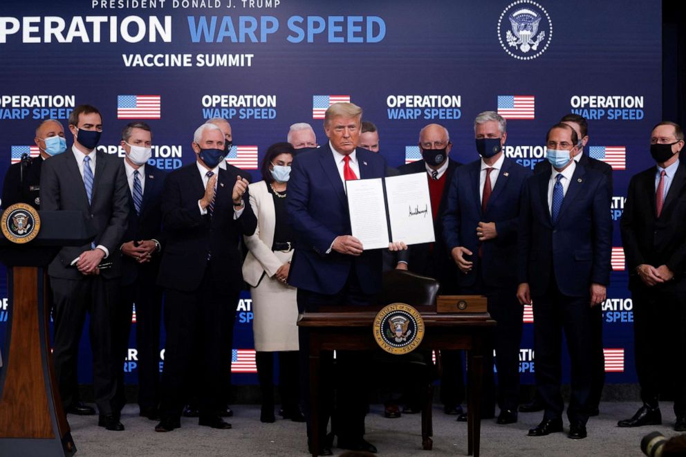 PHOTO: President Donald Trump signs an executive order on vaccine distribution during an Operation Warp Speed Vaccine Summit at the White House in Washington, DC., Dec. 8, 2020.