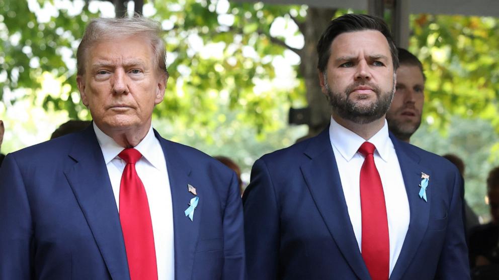 PHOTO: Republican presidential nominee former President Donald Trump, left, and Republican vice presidential nominee Sen. JD Vance, arrive at the 9/11 Memorial on the 23rd anniversary of the Sept. 11, 2001 attacks, Wednesday, Sept. 11, 2024, in New York.