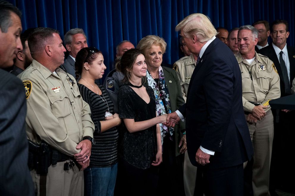 PHOTO: President Donald Trump greets police officers and family members after speaking at Las Vegas Metropolitan Police Department headquarters, Oct. 4, 2017, in Las Vegas