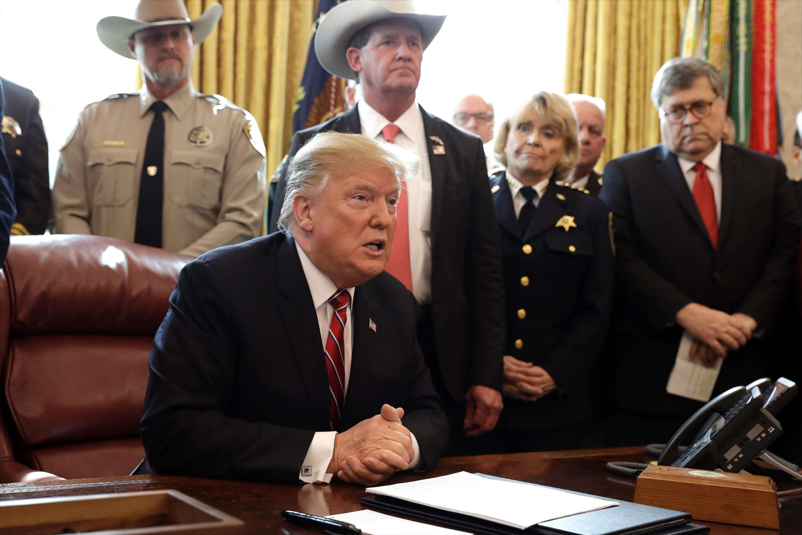 PHOTO: President Donald Trump speaks about border security in the Oval Office of the White House, March 15, 2019.