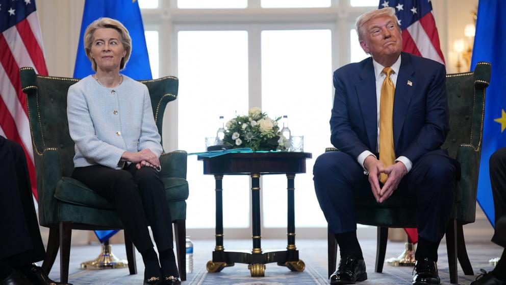 PHOTO: President of the European Commission Ursula von der Leyen meets with U.S. President Donald Trump at Trump Turnberry Golf Club on July 27, 2025 in Turnberry, Scotland.