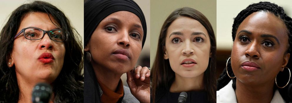 PHOTO: In this combination image from left; Rep. Rashida Tlaib, July 10, 2019, Washington, Rep. Ilhan Omar, March 12, 2019, in Washington, Rep. Alexandria Ocasio-Cortez, July 12, 2019, in Washington, and Rep. Ayanna Pressley, July 10, 2019, in Washington.