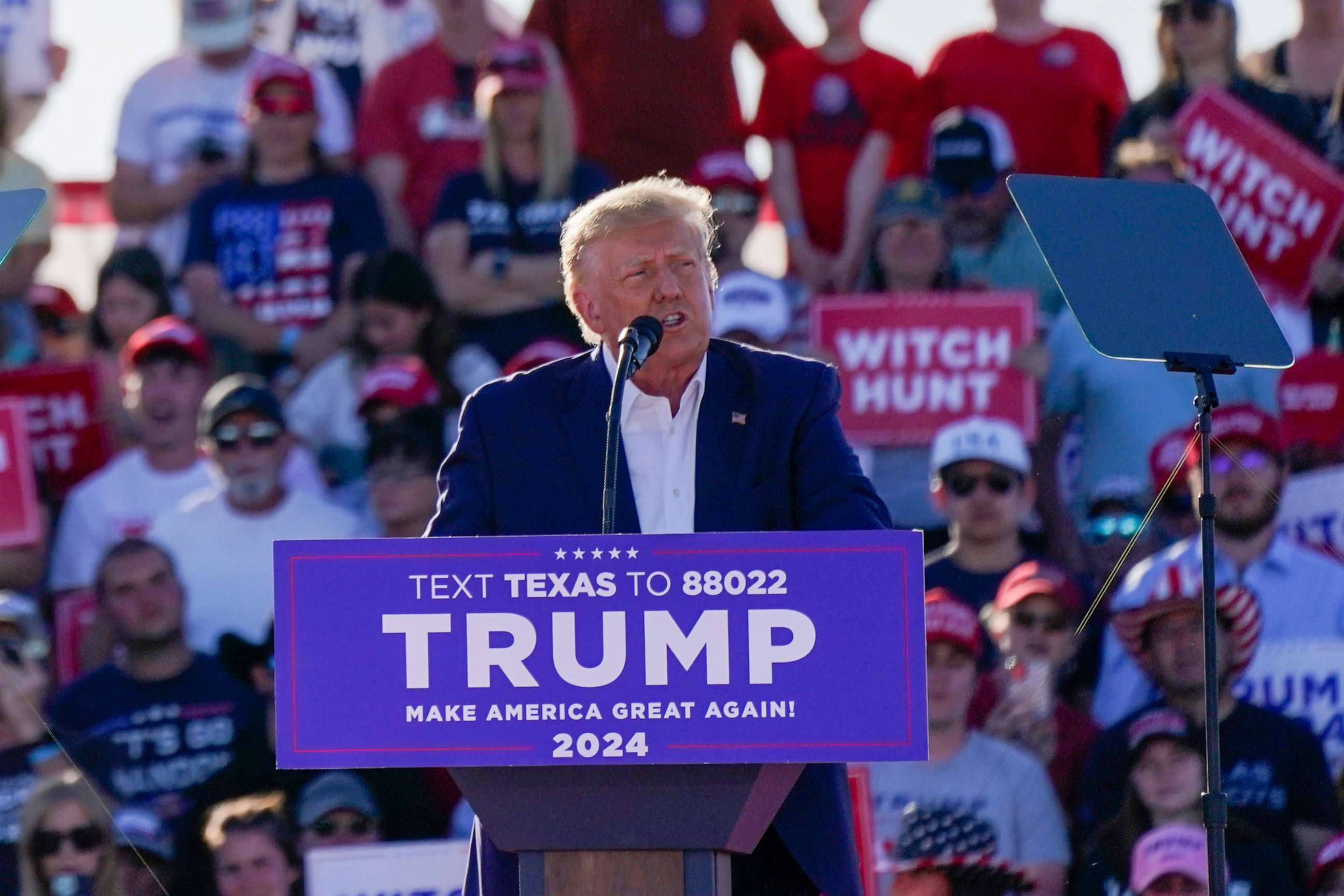PHOTO: Former President Donald Trump speaks at a campaign rally at Waco Regional Airport, Mar. 25, 2023, in Waco, Texas.