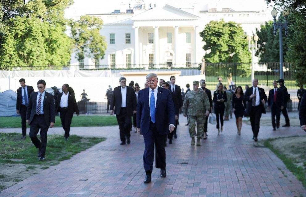 PHOTO: President Donald Trump walks through Lafayette Park to visit St. John's Episcopal Church across from the White House during ongoing protests over racial inequality in the wake of the death of George Floyd, at the White House, June 1, 2020.