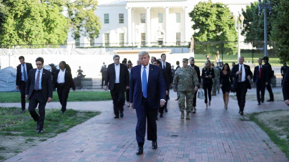 PHOTO: President Donald Trump walks through Lafayette Park to visit St. John's Episcopal Church across from the White House during ongoing protests over racial inequality in the wake of the death of George Floyd, at the White House, June 1, 2020.