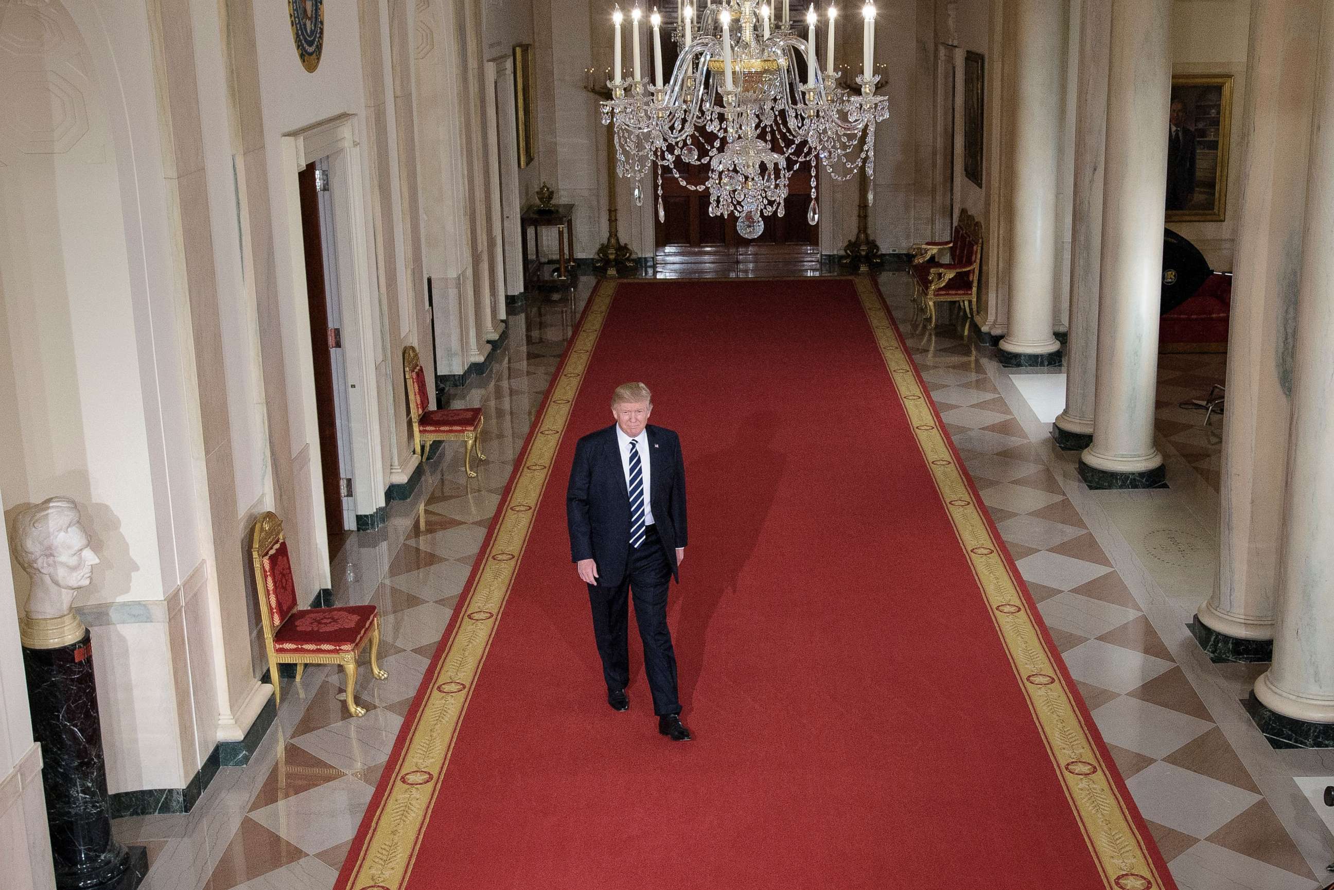 PHOTO: President Donald Trump walks through the Cross Hall to the East Room to nominate Neil M. Gorsuch to take Justice Antonin Scalia's vacancy on the US Supreme Court during an event at the White House, Jan. 31, 2017.
