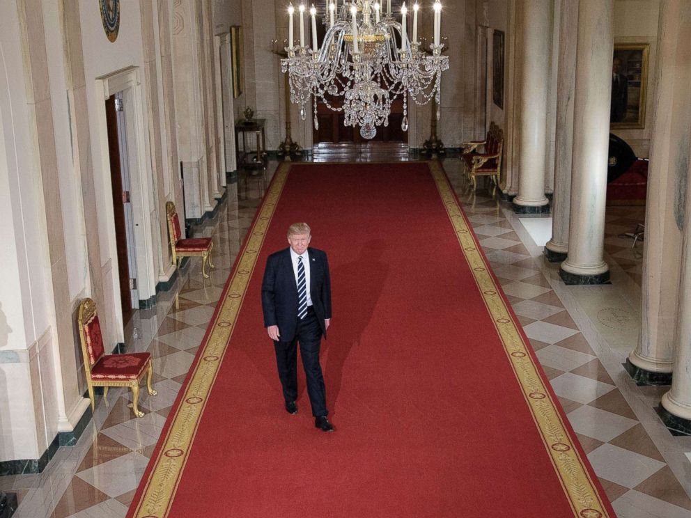 PHOTO: President Donald Trump walks through the Cross Hall to the East Room to nominate Neil M. Gorsuch to take Justice Antonin Scalias vacancy on the US Supreme Court during an event at the White House, Jan. 31, 2017.
