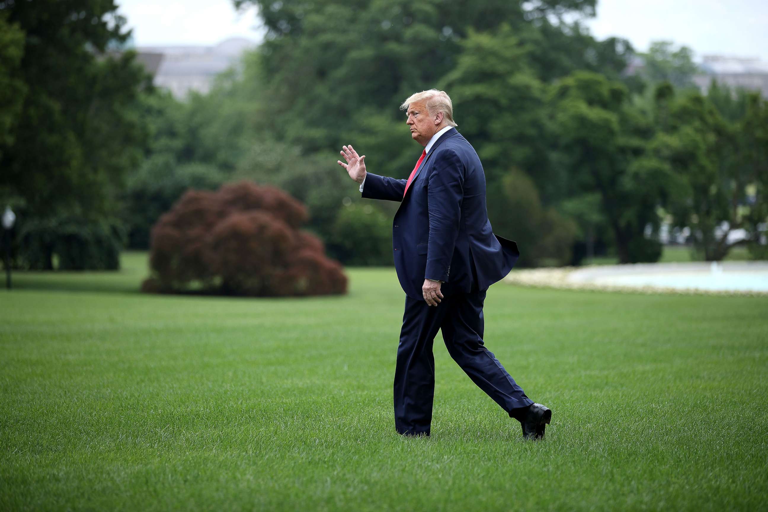 PHOTO: President Donald Trump walks across the South Lawn before boarding Marine One and departing the White House June 05, 2020, in Washington, DC.