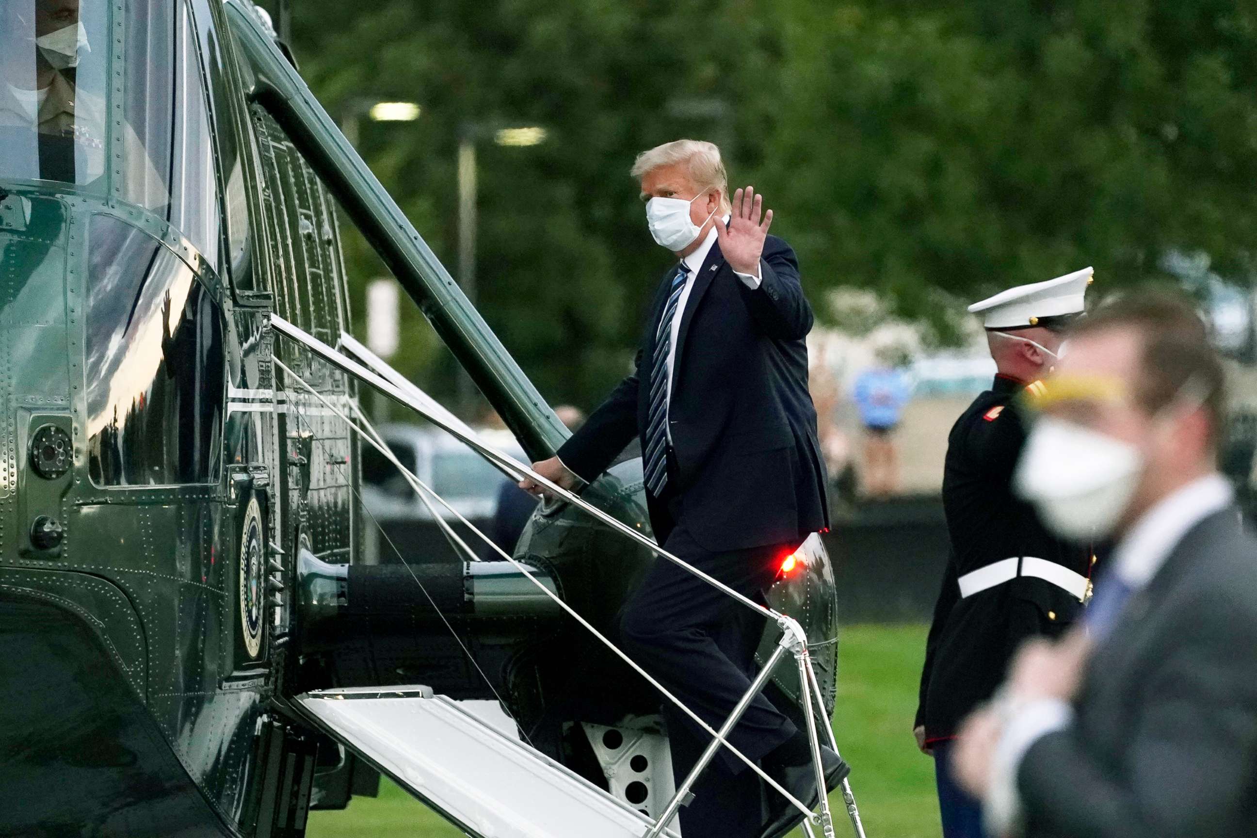 PHOTO: President Donald Trump boards Marine One to return to the White House after receiving treatments for COVID-19 at Walter Reed National Military Medical Center, Oct. 5, 2020, in Bethesda, Md. 