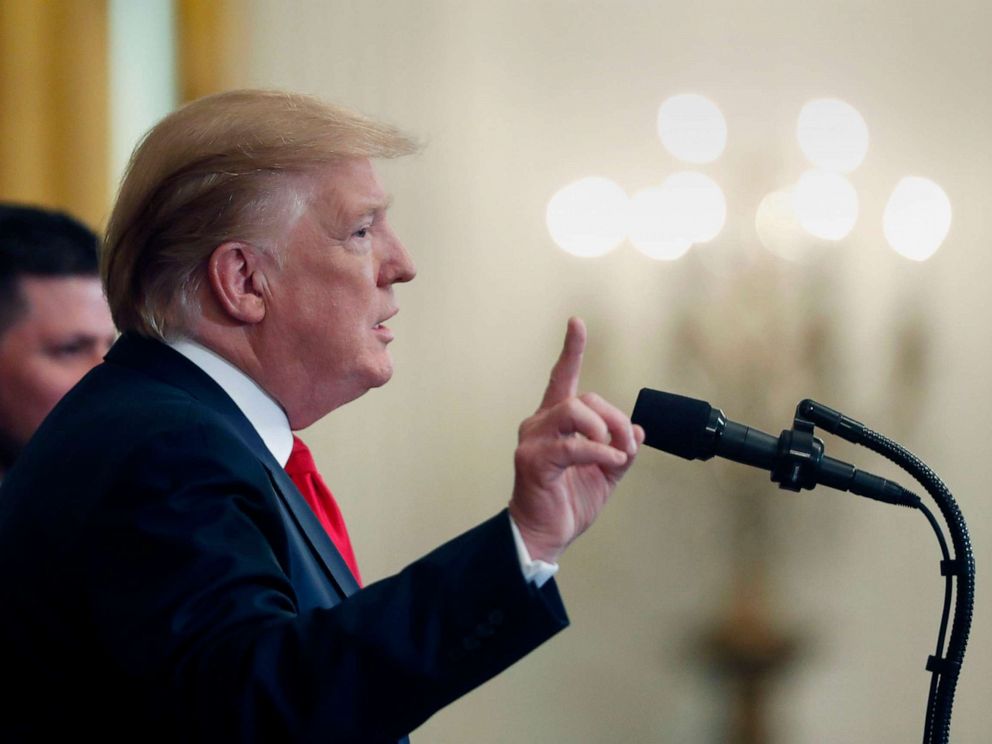 PHOTO: President Donald Trump speaks at a Wounded Warrior Project Soldier Ride event in the East Room of the White House, April 18, 2019.