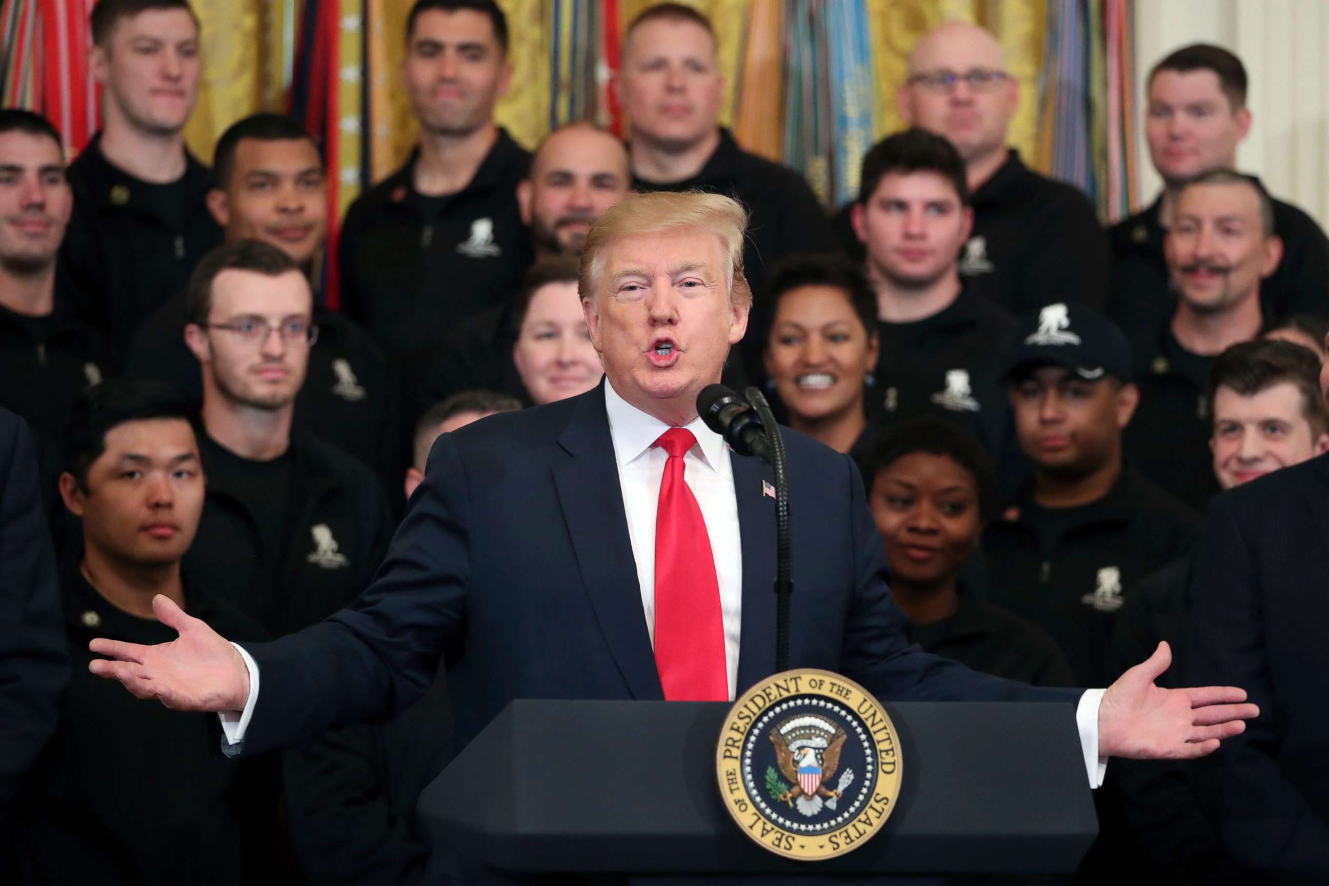 PHOTO: President Donald Trump speaks at a Wounded Warrior Project Soldier Ride event in the East Room of the White House, April 18, 2019.