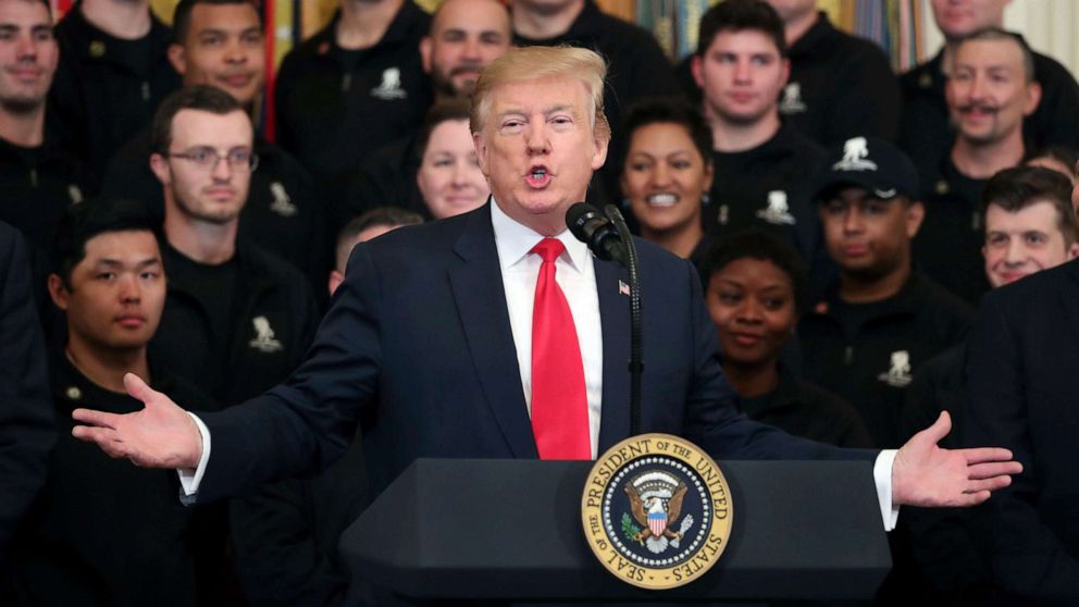 PHOTO: President Donald Trump speaks at a Wounded Warrior Project Soldier Ride event in the East Room of the White House, April 18, 2019.
