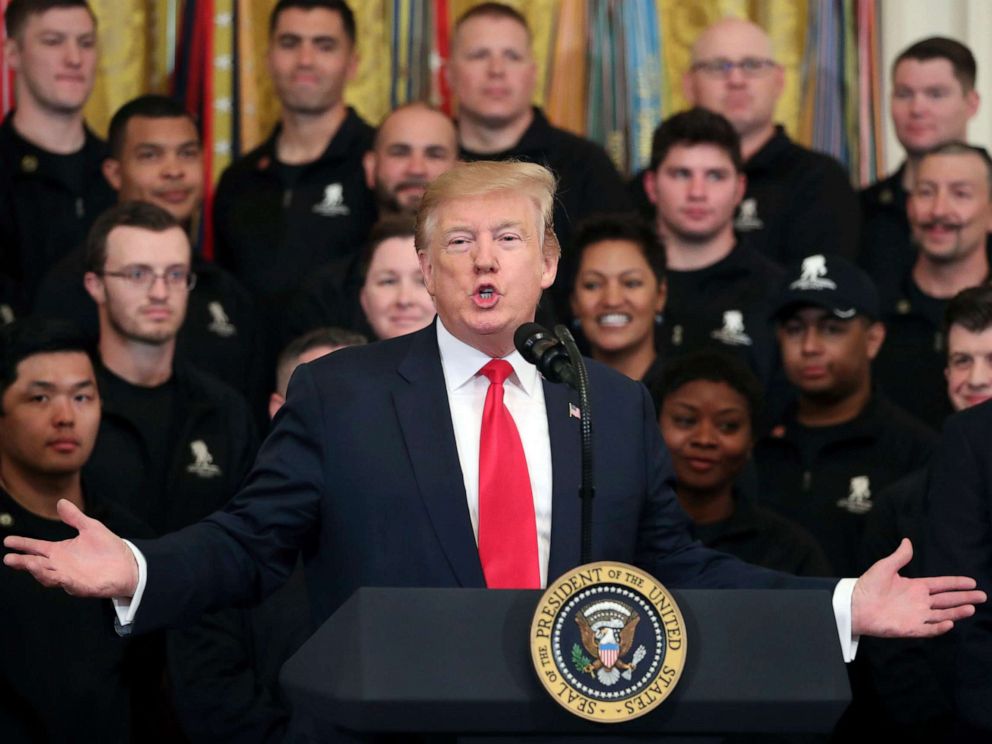 PHOTO: President Donald Trump speaks at a Wounded Warrior Project Soldier Ride event in the East Room of the White House, April 18, 2019.