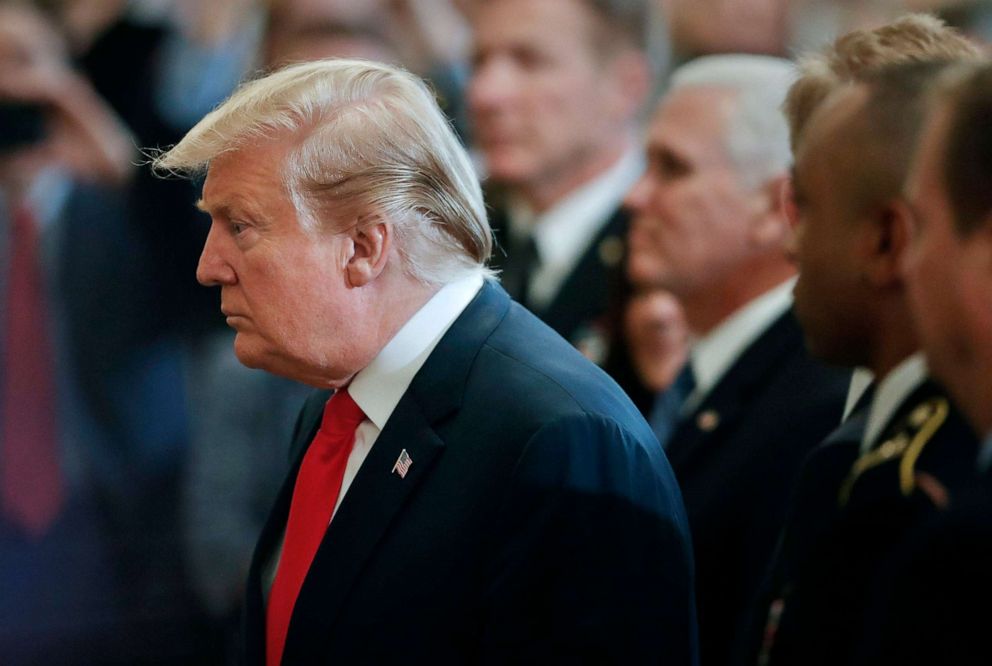 PHOTO: President Donald Trump arrives at a Wounded Warrior Project Soldier Ride event in the East Room of the White House, April 18, 2019.