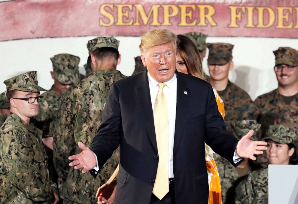PHOTO: President Donald Trump speaks to servicemen on the U.S. Navy assault ship USS Wasp (LHD-1) at the U.S. Navy's Yokosuka base in Yokosuka, south of Tokyo, May 28, 2019. 