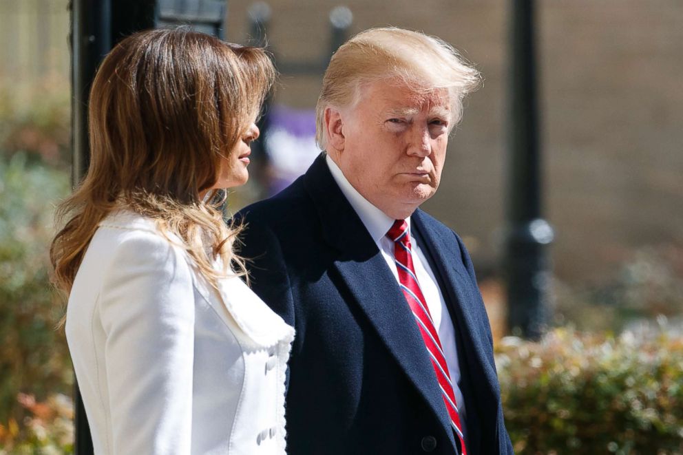 PHOTO: President Donald Trump and first lady Melania Trump walk leave after attending service at Saint John's Church in Washington, D.C., March 17, 2019.