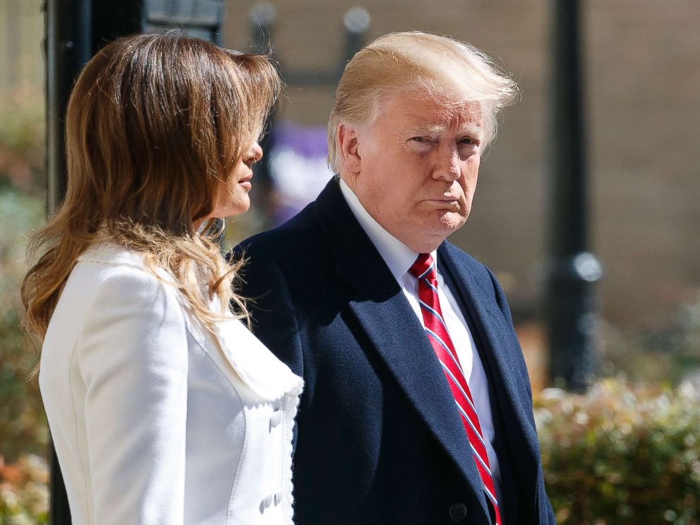 PHOTO: President Donald Trump and first lady Melania Trump walk leave after attending service at Saint Johns Church in Washington, D.C., March 17, 2019.