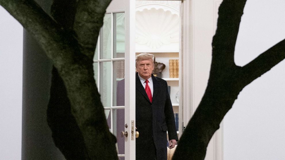 PHOTO: President Donald Trump walks out of the Oval Office to board Marine One on the South Lawn of the White House in Washington, Jan. 4, 2021, for a short trip to Andrews Air Force Base, Md., and then on to Dalton, Ga.