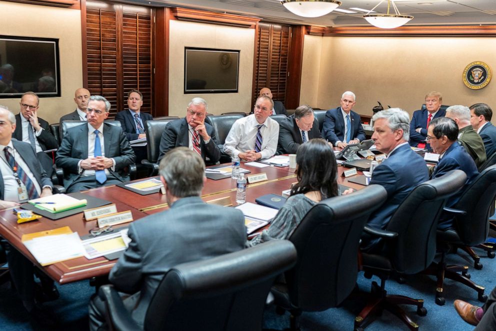 PHOTO: President Donald Trump is joined by Vice President Mike Pence and top national security advisers for a briefing on the situation in Iran and Iraq, in the White House Situation Room, on Jan. 7, 2020, in Washington.