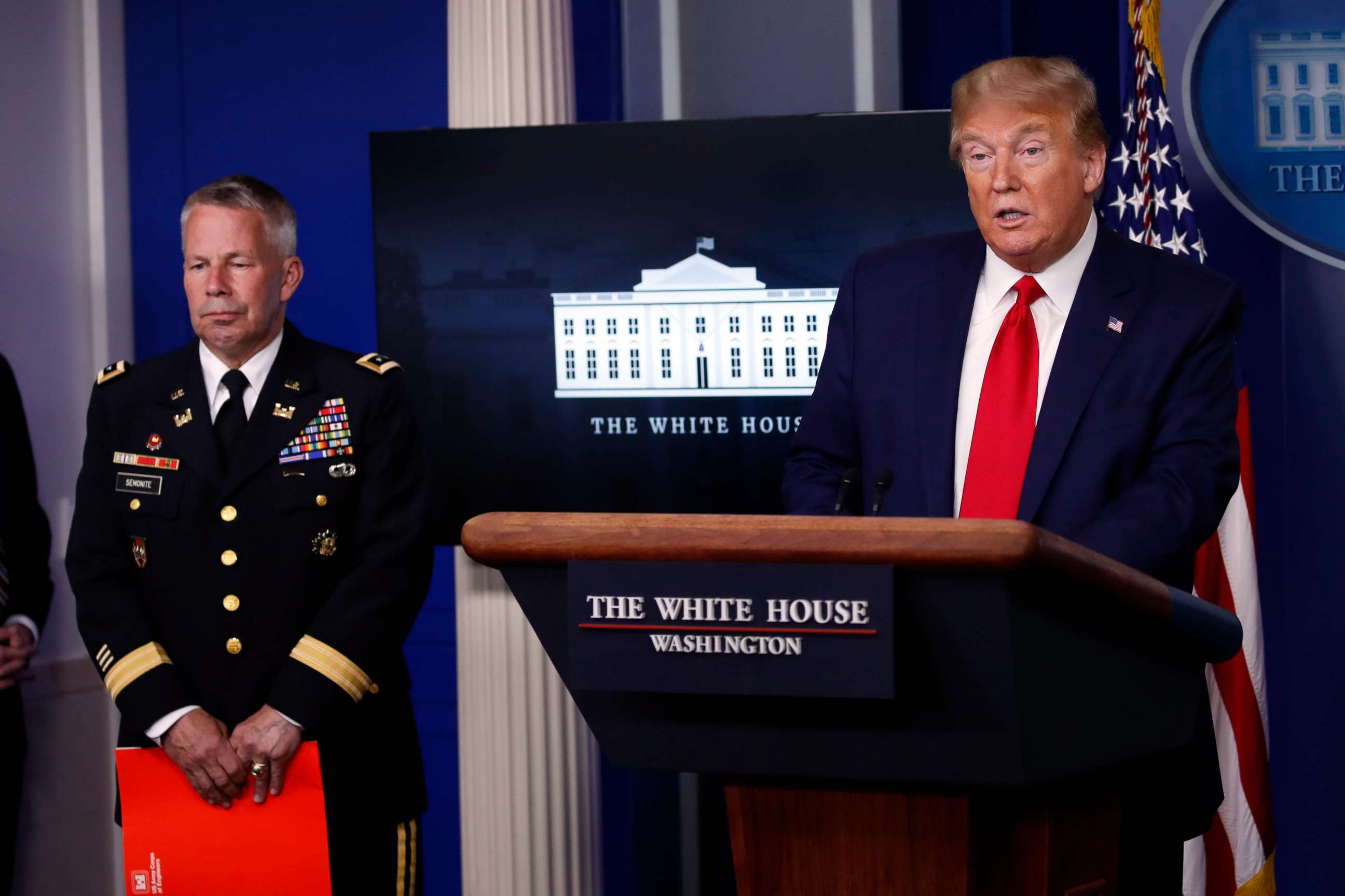 PHOTO: President Donald Trump speaks about the coronavirus in the briefing room of the White House, April 20, 2020, in Washington.