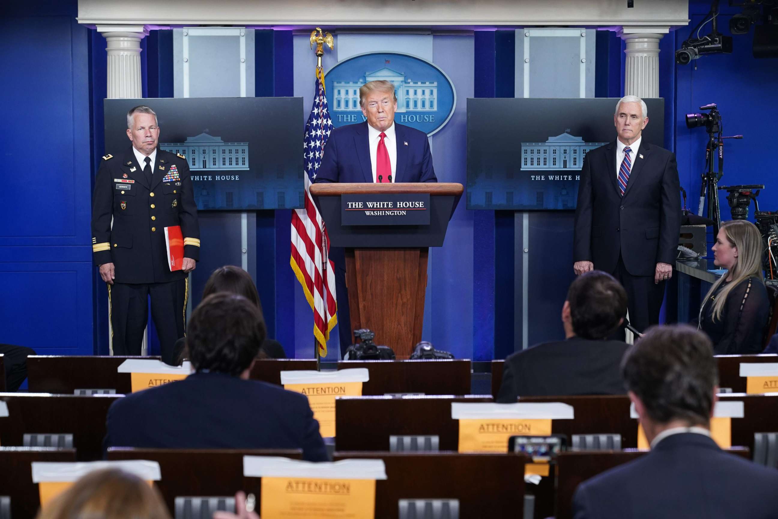 PHOTO: President Donald Trump speaks during the daily briefing on the novel coronavirus, COVID-19, in the briefing room of the White House in Washington, April 20, 2020.