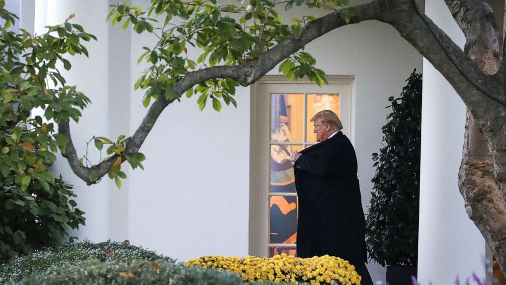 PHOTO: President Donald Trump exits the Oval Office and walks toward Marine One on the South Lawn of the White House in Washington, D.C., Nov. 6, 2019.