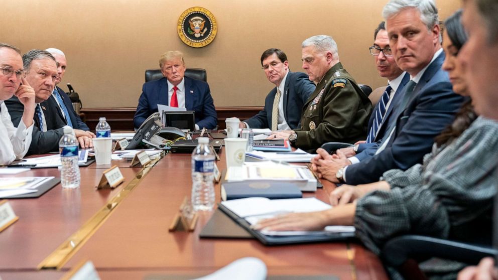 PHOTO: President Donald Trump is joined by Vice President Mike Pence and top members of his national security team for a briefing on the situation in Iran and Iraq, in the White House Situation Room, on Jan. 7, 2020, in Washington.