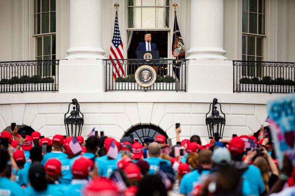 PHOTO: President Donald Trump addresses a rally in support of law and order on the South Lawn of the White House, Oct. 10, 2020, in Washington, DC.