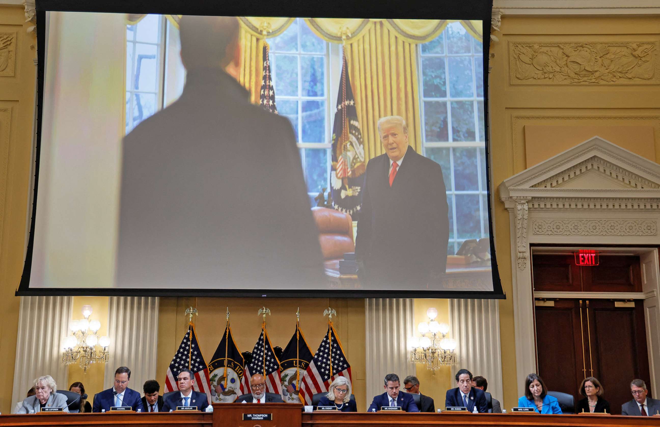 PHOTO: U.S. former President Donald Trump appears on the video screen during the hearing where the House Select Committee investigates the Jan. 6 Attack on the US Capitol, in Washington, D.C., June 16, 2022.
