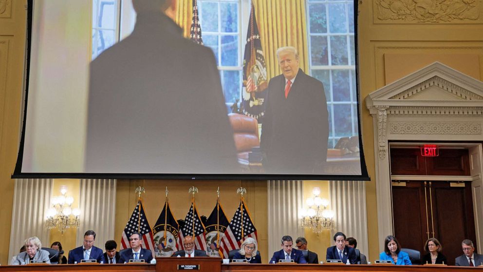 PHOTO: U.S. former President Donald Trump appears on the video screen during the hearing where the House Select Committee investigates the Jan. 6 Attack on the US Capitol, in Washington, D.C., June 16, 2022.