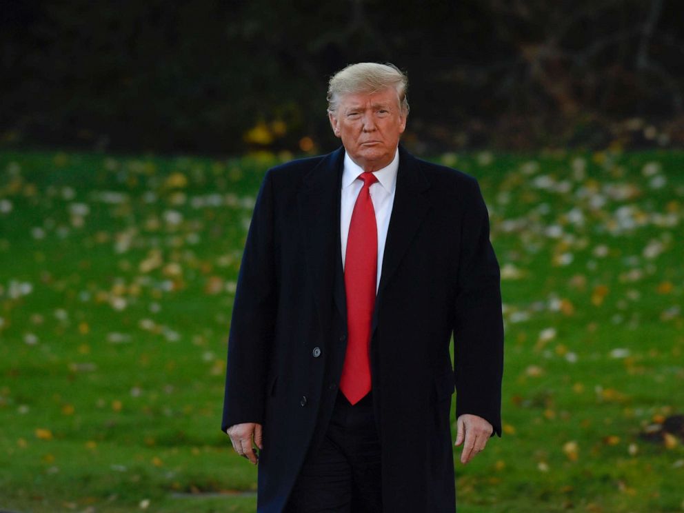 PHOTO: President Donald Trump walks over to talk to reporters on the South Lawn of the White House in Washington, Nov. 1, 2019.