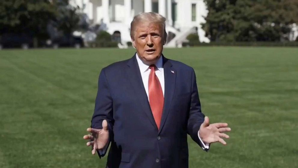 PHOTO: President Donald Trump speaks outside the White House, where he is being treated for coronavirus, in Washington, D.C., in this still image taken from social media video released on Oct. 8, 2020.