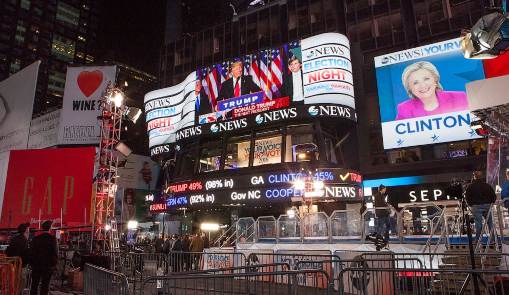 PHOTO: Screens in Times Square show election results declaring Donald Trump to be President-elect on Nov. 9 2016, in New York.