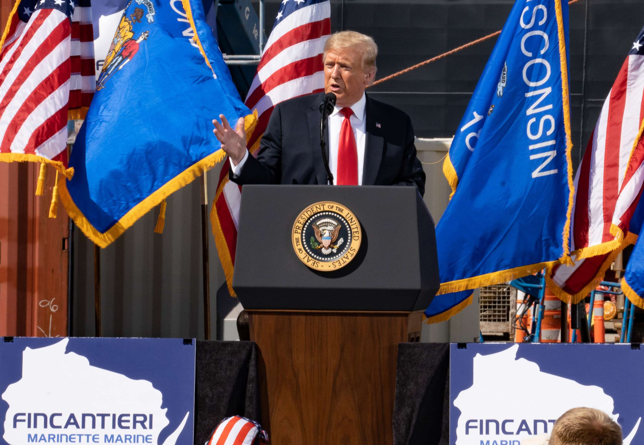 PHOTO: President Donald Trump speaks during an event at the Fincantieri Marinette Marine facility in Marinette, Wisconsin, June 25, 2020.