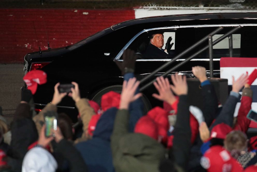 PHOTO: President Donald Trump departs a campaign rally at the LaCrosse Fairgrounds Speedway on Oct. 27, 2020, in West Salem, Wis.