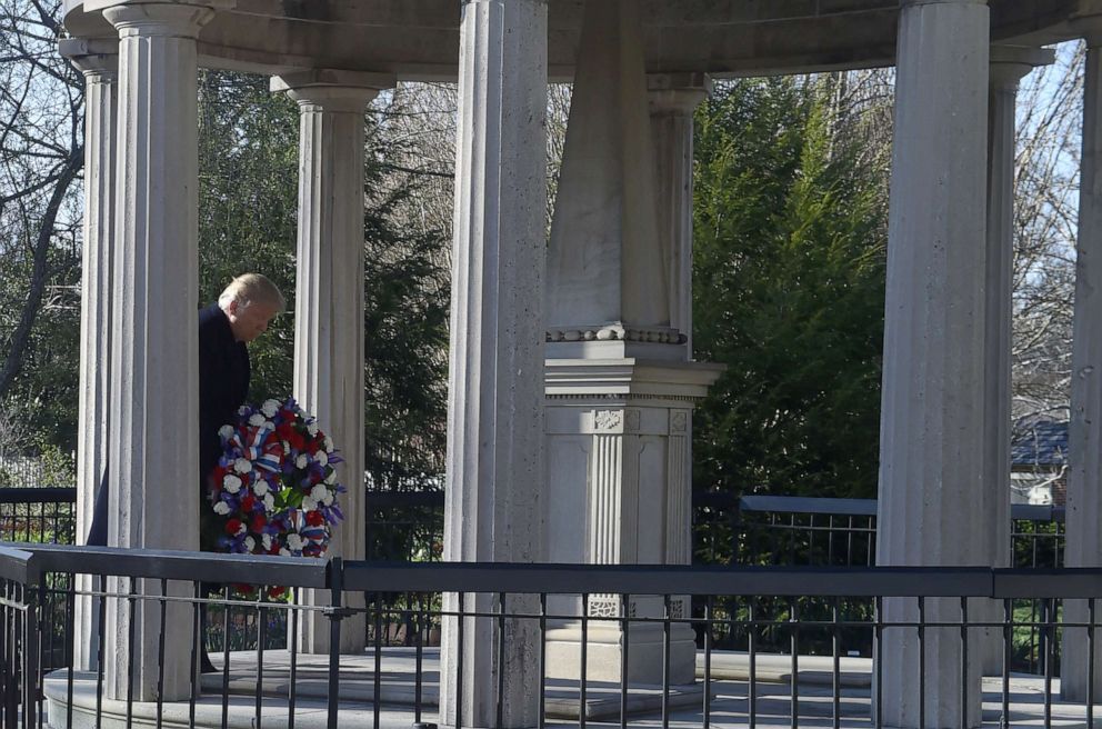 PHOTO: President Donald Trump lays a wreath at the tomb of former president Andrew Jackson after he took a tour of Andrew Jackson's Hermitage in Nashville, Tenn., March 15, 2017.