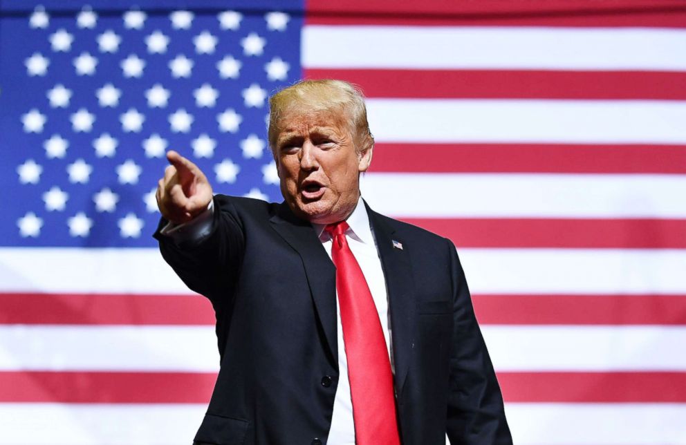 PHOTO: President Donald Trump gestures as he speaks during a rally at WesBanco Arena in Wheeling, West Virginia on September 29, 2018.