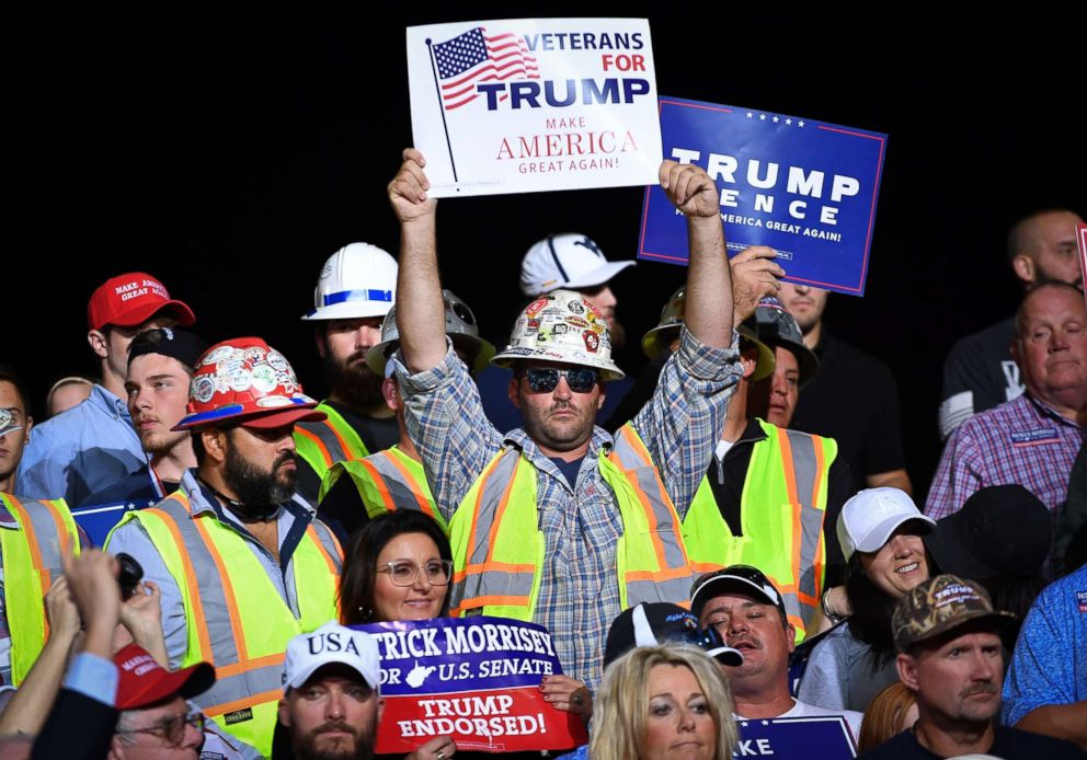 PHOTO: Supporters are seen before the start of a rally by President Donald Trump at WesBanco Arena in Wheeling, West Virginia on September 29, 2018. 