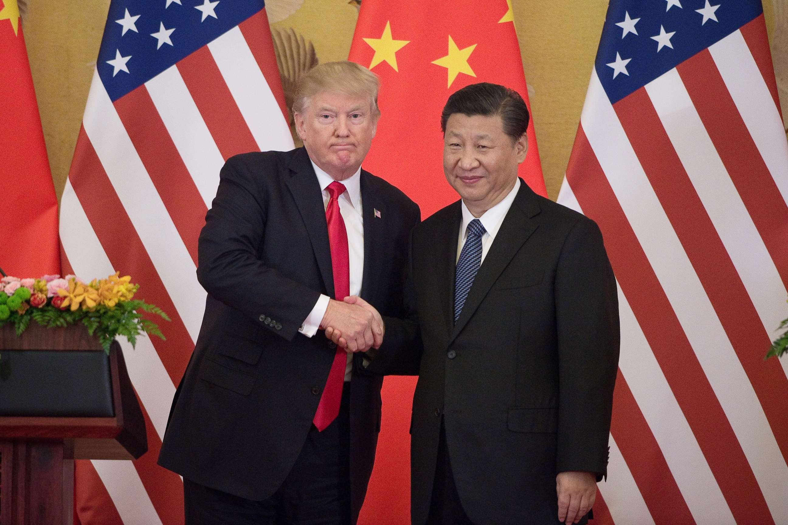 PHOTO: President Donald Trump shakes hands with China's President Xi Jinping during a press conference at the Great Hall of the People in Beijing on Nov. 9, 2017. 