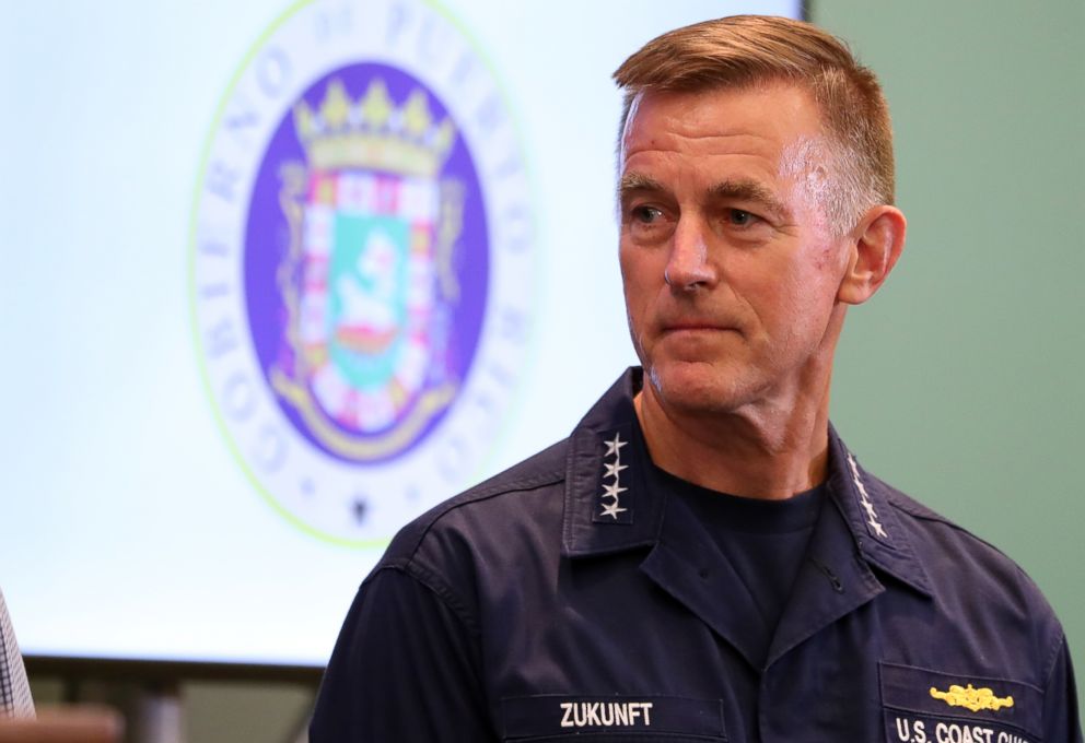 U.S. Coast Guard Commandant Paul Zukunft, shown at a press briefing held at the convention center in San Juan, Puerto Rico to discuss the situation in regard to Hurricane Maria which devastated the island, Sept. 25, 2017. 