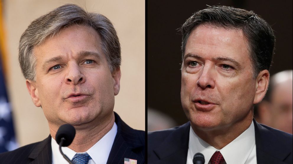 PHOTO: FBI Director Christopher A. Wray, left and former Director James Comey.