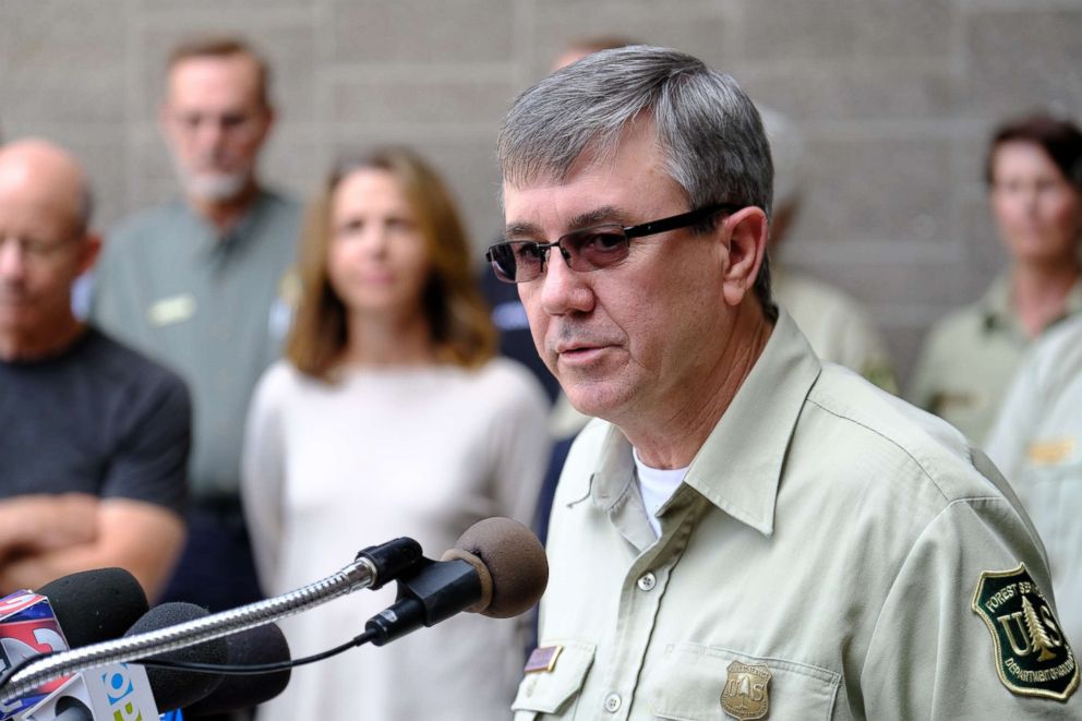 PHOTO: U.S. Forest Service Chief, Tony Tooke, speaks during a media briefing for the Eagle Creek Fire in Troutdale, Ore.,Sept. 9, 2017.