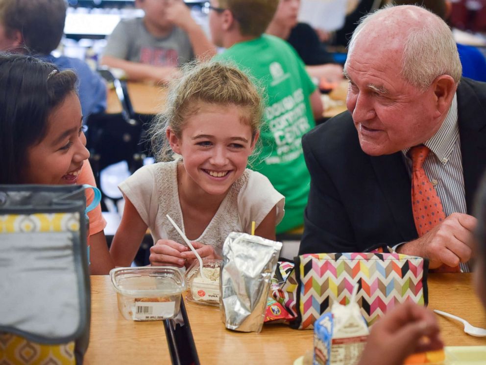 PHOTO: Sonny Perdue, Secretary of Agriculture, sits for lunch with 5th graders at Catoctin Elementary School on May 1, 2017, in Leesburg, VA. Perdue and Sen. Pat Roberts unveiled an interim rule designed to provide flexibility for school meals.